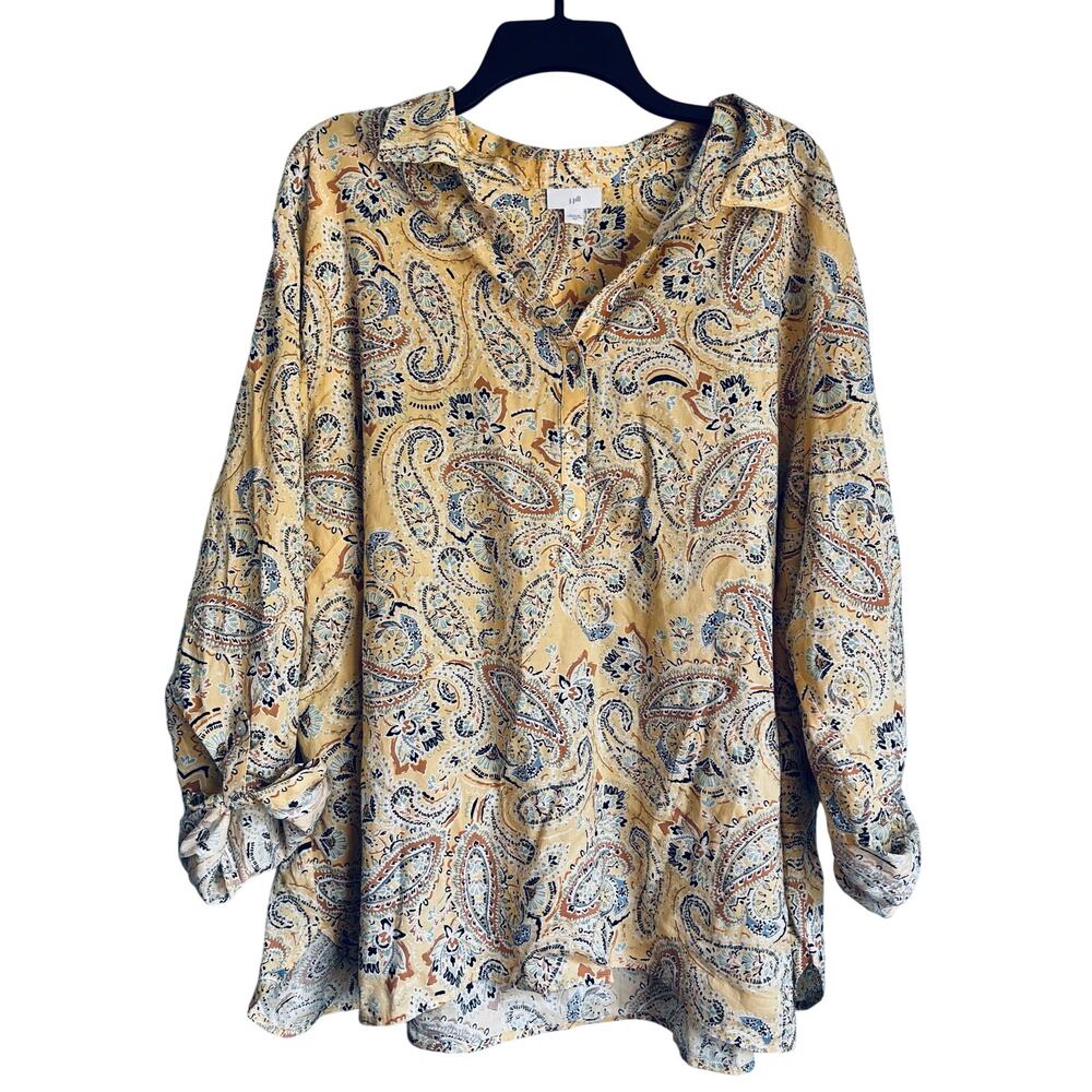 J. Jill Paisley Long Sleeve Roll Tab Blouse V-Neck Yellow Blue 4X Lightweight